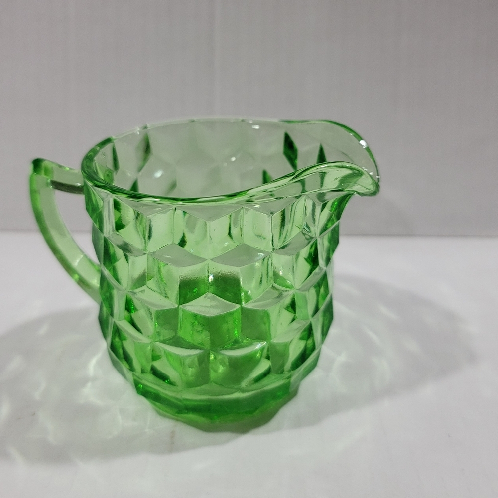 Uranium Glass Depression Glass Pitcher Creamer Cubist Pattern UV Glowing Glass - Picture 7 of 9